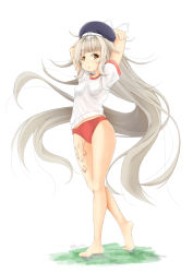 Rule 34 | 1girl, :o, absurdly long hair, arms up, azur lane, bare legs, barefoot, beret, blue hat, blunt bangs, blush, breasts, brown eyes, buruma, character name, commentary request, full body, gym shirt, gym uniform, hair ornament, hat, highres, long hair, looking at viewer, maru shion, parted lips, red buruma, ribbon, shirt, short sleeves, sidelocks, signature, silver hair, small breasts, solo, standing, very long hair, white background, white ribbon, white shirt, z46 (azur lane)
