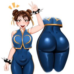Rule 34 | 1girl, absurdres, ass, bare shoulders, blush, bodysuit, bracelet, breasts, brown eyes, brown hair, capcom, chun-li, double bun, from behind, hair bun, hair ribbon, highres, huge ass, jewelry, kevbot, looking at viewer, multiple views, open mouth, ribbon, shiny clothes, shiny skin, short hair, skin tight, smile, solo, spiked bracelet, spikes, street fighter, street fighter zero (series), vest, white background