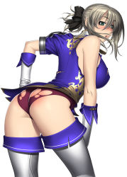 Rule 34 | 1girl, absurdres, alternate color, alternate costume, ass, blush, breasts, brown hair, cassandra alexandra, green eyes, hair ornament, highres, huge ass, kansuke, looking back, no bra, open mouth, panties, short hair, sideboob, simple background, solo, soul calibur, soulcalibur, soulcalibur ii, standing, torn clothes, underwear, white background