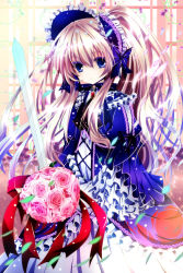 Rule 34 | 1girl, bad id, bad pixiv id, blonde hair, blue dress, blue eyes, bouquet, dress, flower, frills, lolita fashion, nanase nao, original, ponytail, red flower, red rose, rose, solo, sword, too many, weapon