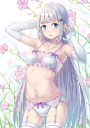 Rule 34 | 1girl, :o, absurdres, armpits, arms up, bare shoulders, blue eyes, blunt bangs, blush, bra, breasts, cleavage, collarbone, cowboy shot, elbow gloves, female focus, flower, garter belt, gloves, gluteal fold, gohei (aoi yuugure), hair ornament, hairclip, highres, long hair, looking at viewer, navel, open mouth, original, panties, pink flower, purple ribbon, ribbon, sidelocks, small breasts, solo, standing, stomach, straight hair, tareme, thighhighs, underwear, underwear only, very long hair, white bra, white gloves, white hair, white panties, white thighhighs