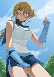 Rule 34 | 1girl, black vest, blonde hair, blue gloves, blue skirt, blue sky, blush, breasts, closed mouth, cloud, cowboy shot, day, duel academy uniform (yu-gi-oh! gx), elbow gloves, fingerless gloves, floating hair, from below, gloves, hair between eyes, jacket, large breasts, long hair, looking at viewer, miniskirt, outdoors, pencil skirt, rourou ill, skirt, skirt tug, sky, sleeveless, sleeveless jacket, solo, standing, straight hair, sweater, tenjouin asuka, turtleneck, turtleneck sweater, vest, white jacket, yellow eyes, yu-gi-oh!, yu-gi-oh! gx