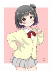 Rule 34 | 1girl, black hair, blush, bob cut, bow, bowtie, brown eyes, buttons, cardigan, commentary, dated, flat chest, grey skirt, grin, hand on own hip, hand up, highres, idolmaster, idolmaster million live!, index finger raised, inusoku, looking at viewer, nakatani iku, pink background, pleated skirt, red bow, red bowtie, shirt, short hair, side ponytail, skirt, smile, solo, thighs, white shirt, wing collar, yellow cardigan