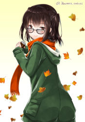 Rule 34 | 1girl, autumn leaves, baretto (firearms 1), black hair, blurry, brown eyes, can, casual, commentary request, depth of field, glasses, highres, holding, hood, hooded coat, kantai collection, long hair, looking at viewer, looking back, scarf, sendai (kancolle), smile, solo, twitter username, two side up