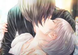 Rule 34 | 1boy, 1girl, bare shoulders, black hair, blurry, closed eyes, copyright request, couple, depth of field, eyelashes, face down, hand on another&#039;s arm, hetero, kinoebi, kiss, light particles, long sleeves, profile, silver hair