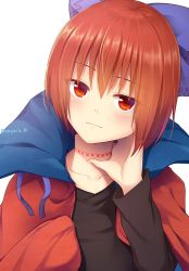 Rule 34 | 1girl, artist name, black shirt, blue bow, blue ribbon, blush, bow, cape, collarbone, commentary request, hair between eyes, hair bow, hand up, head tilt, high collar, long sleeves, nnyara, red cape, red eyes, red hair, ribbon, sekibanki, shirt, short hair, simple background, solo, stitches, touhou, twitter username, upper body, white background