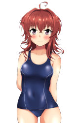 Rule 34 | 1girl, ahoge, arashi (kancolle), arms behind back, blue one-piece swimsuit, blush, breasts, collarbone, covered navel, embarrassed, gluteal fold, haoto (arnica leaf), highres, kantai collection, looking at viewer, medium hair, messy hair, old school swimsuit, one-piece swimsuit, purple eyes, red hair, school swimsuit, simple background, small breasts, solo, standing, swimsuit, wavy mouth, white background