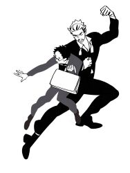 Rule 34 | 2boys, akaashi keiji, arms up, bag, black suit, bokuto koutarou, chengongzi123, commentary, formal, full body, glasses, grey suit, greyscale, haikyuu!!, hand up, highres, holding, holding bag, long sleeves, male focus, monochrome, multiple boys, open mouth, short hair, simple background, suit, symbol-only commentary, very short hair, white background