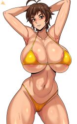 Rule 34 | 1girl, absurdres, amaha masane, armpits, arms behind head, arms up, bikini, blush, breasts, brown eyes, brown hair, cameltoe, cleft of venus, covered erect nipples, curvy, game cg, highres, huge breasts, jmg, large areolae, legs apart, looking at viewer, micro bikini, navel, nipples, shiny skin, short hair, signature, smile, solo, standing, sweat, swimsuit, thighs, thong, thong bikini, transparent background, wet, wide hips, witchblade, yellow bikini