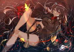 Rule 34 | 1girl, absurdres, arm under breasts, bare legs, bead bracelet, beads, bracelet, brown hair, bug, butterfly, from above, genshin impact, hair between eyes, half-closed eyes, highres, hu tao (genshin impact), insect, jewelry, long hair, looking at viewer, lying, on back, parted lips, partially submerged, red eyes, sas (ls08b), short shorts, shorts, solo, symbol-shaped pupils, wide sleeves