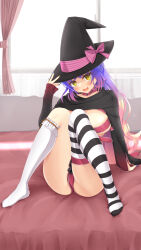 Rule 34 | 1girl, :3, :d, absurdres, arm support, asymmetrical legwear, ayachi nene, ayachi nene (cosplay), belt, belt bra, belt collar, black cloak, black hat, blue hair, blue nails, blush, bow, breasts, cameltoe, cloak, collar, commentary, company connection, cosplay, day, eyelashes, eyes visible through hair, full body, gradient hair, hair between eyes, hair down, hand on headwear, hand up, hat, hat bow, head tilt, highres, indoors, knees together feet apart, kohibari kurumi, large breasts, legs, long hair, looking at viewer, mismatched legwear, multicolored hair, nail polish, no shoes, on bed, open mouth, orange hair, pink belt, pink bow, reiji tsukimi, sanoba witch, single thighhigh, sitting, skindentation, sleeves past wrists, smile, socks, solo, striped clothes, striped thighhighs, tenshi souzou re-boot!, thighhighs, thighs, upturned eyes, very long hair, wavy hair, white socks, window, witch, witch hat, yellow eyes, yellow nails, yuzu-soft