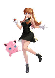 Rule 34 | 1girl, absurdres, bare arms, black dress, black footwear, blue eyes, breasts, brown hair, commentary request, creatures (company), dress, game freak, gen 1 pokemon, gloves, green (pokemon), hands up, highres, holding, holding poke ball, jigglypuff, long hair, looking at viewer, nintendo, open mouth, poke ball, pokemon, pokemon (creature), pokemon adventures, shoes, simple background, smile, socks, tongue, white background, white gloves, white legwear, yin lan xue