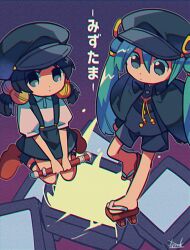Rule 34 | 2girls, alternate costume, bell, black capelet, black hair, black headwear, black shirt, black shorts, black skirt, black socks, blue hair, brown footwear, buttons, capelet, chromatic aberration, collared shirt, commentary request, dot mouth, expressionless, flute, gakuran, gakuseibou, geta, gradient background, grey eyes, hair bell, hair ornament, hat, hatsune miku, holding, holding flute, holding instrument, holding flute, instrument, kaai yuki, looking ahead, looking at viewer, looking up, low twintails, mizutama (vocaloid), multiple girls, outline, puffy short sleeves, puffy sleeves, purple background, recorder, school uniform, shirt, shirt tucked in, shoes, short sleeves, shorts, signature, sitting, skirt, socks, song name, standing, standing on one leg, suspender skirt, suspenders, television, twintails, v arms, vocaloid, wariza, white outline, yuusuke-kun