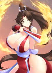 Rule 34 | 1girl, breasts, brown eyes, brown hair, cleavage, folded fan, curvy, hand fan, fatal fury, fire, folding fan, gloves, haganef, holding, huge breasts, japanese clothes, kimono, long hair, one eye closed, panties, pelvic curtain, ponytail, revealing clothes, shiranui mai, sideboob, smile, snk, solo, the king of fighters, underwear, weapon, wink