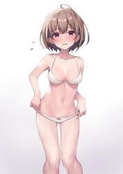 Rule 34 | 1girl, absurdres, ahoge, bare arms, bare shoulders, blush, bow, bow panties, bra, breasts, brown hair, collarbone, commentary request, dot nose, embarrassed, feet out of frame, flying sweatdrops, hair ornament, hairclip, harusaki nodoka, highres, hololive, looking at viewer, medium breasts, navel, panties, parted lips, pink eyes, short hair, simple background, solo, standing, stomach, sweatdrop, tmo-cat, underwear, underwear only, virtual youtuber, white background, white bra, white panties