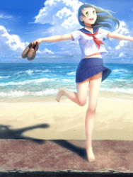 Rule 34 | 1girl, :d, barefoot, beach, black hair, blush, cloud, day, feet, full body, happy, holding, holding shoes, kohane, legs, loafers, long hair, midriff, mintol (qool+), navel, ocean, open mouth, original, outdoors, outstretched arms, pleated skirt, school uniform, serafuku, shadow, shoes, unworn shoes, skirt, sky, smile, solo, spread arms, standing, standing on one leg, teeth, water, yellow eyes