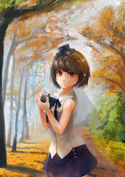 Rule 34 | 1girl, alternate costume, alternate headwear, autumn, autumn leaves, black skirt, brown hair, camera, cowboy shot, day, forest, hat, highres, holding, holding camera, looking at viewer, looking to the side, mini hat, nail polish, nature, path, pink nails, pointy ears, red eyes, ribbon, road, shadow, shameimaru aya, shirt, short hair, skirt, sleeveless, sleeveless shirt, smile, solo, sunlight, touhou, tree, tree shade, white shirt, xshui