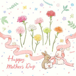Rule 34 | animal, artist name, blue flower, blush, bouquet, carnation, confetti, english text, floral background, flower, green flower, grey fur, holding, holding letter, holding ribbon, leaf, letter, looking at another, mother&#039;s day, no humans, orange flower, original, parted lips, pink flower, pink ribbon, plant, rabbit, red flower, ribbon, smile, standing, tokoyu, white background, white flower, white fur, yellow flower