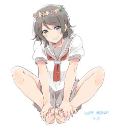 Rule 34 | 10s, 1girl, barefoot, blue eyes, feet, feet together, grey hair, grin, hands on feet, happy birthday, head wreath, highres, knees apart feet together, looking at viewer, love live!, love live! sunshine!!, musshu (omu001), sailor collar, school uniform, serafuku, short hair, simple background, sitting, smile, solo, toes, watanabe you, white background