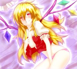 Rule 34 | 1girl, aged up, alternate hair length, alternate hairstyle, blonde hair, blush, breasts, cleavage, fangs, female focus, female masturbation, flandre scarlet, large breasts, lying, masturbation, open clothes, open shirt, panties, red eyes, saliva, shirt, solo, soubi, tears, touhou, underwear, undressing, wings