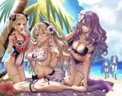 Rule 34 | 2boys, 3girls, beach, bikini, blonde hair, bow, breasts, brother and sister, brothers, camilla (fire emblem), cleavage, corrin (female) (fire emblem), corrin (fire emblem), elise (fire emblem), fire emblem, fire emblem fates, fire emblem heroes, flower, flower collar, flower on head, hair bow, hair ornament, hair over one eye, highres, karashino, kneeling, large breasts, leo (fire emblem), long hair, medium breasts, multiple boys, multiple girls, nintendo, official alternate costume, on ground, one-piece swimsuit, one eye closed, one eye covered, palm tree, purple bikini, purple eyes, purple hair, red eyes, siblings, silver hair, sisters, sitting, skirt, swimsuit, tree, twintails, white bikini, xander (fire emblem)