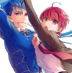 Rule 34 | 1boy, 1girl, ahoge, arm up, bazett fraga mcremitz, blue bodysuit, blue hair, bodysuit, brown jacket, cu chulainn (fate), earrings, fate/hollow ataraxia, fate (series), grin, hand on another&#039;s back, jacket, jewelry, cu chulainn (fate/stay night), misoiri (gokutsubushi), open clothes, open jacket, open mouth, red eyes, red hair, shirt, simple background, smile, white background, white shirt
