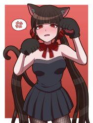 1girl anger_vein animal_ears animal_hands bare_shoulders black_shirt black_skirt blush border bow bowtie breasts brown_hair cat_ears cat_girl cat_paws cat_tail collarbone commentary_request cowboy_shot danganronpa_(series) danganronpa_v3:_killing_harmony dress fang fishnet_pantyhose fishnets harukawa_maki highres low_twintails medium_breasts miniskirt mole mole_under_eye official_alternate_costume open_mouth pantyhose paw_pose pleated_skirt red_background red_bow red_bowtie red_eyes shirt skirt solo speech_bubble spoken_anger_vein strapless strapless_dress suiren_yurei tail twintails white_border