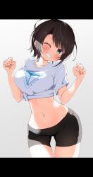 1girl absurdres bike_shorts black_hair blue_eyes blush breasts clenched_hands clenched_teeth highres hololive kuno_(kc9s) large_breasts messy_hair midriff one_eye_closed oozora_subaru shirt short_hair smile t-shirt teeth thigh_gap tied_shirt virtual_youtuber white_shirt