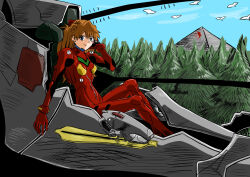 Rule 34 | 1girl, bodysuit, breasts, brown hair, eywy4324, forest, full body, hair between eyes, hair ornament, highres, long hair, looking at viewer, nature, neon genesis evangelion, pilot suit, plugsuit, red bodysuit, simple background, sitting, skin tight, sky, smile, solo, souryuu asuka langley, two side up, vehicle interior, very long hair, wide hips