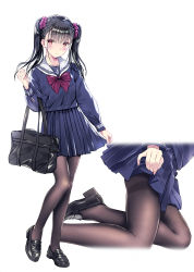 Rule 34 | 1girl, bad id, bad pixiv id, bag, black footwear, black hair, blush, bow, brown pantyhose, closed mouth, clothes lift, cropped torso, full body, hair ornament, hair scrunchie, kneeling, kobayashi chisato, lifting own clothes, loafers, long hair, long sleeves, looking at viewer, md5 mismatch, multiple views, original, pantyhose, pleated skirt, purple bow, purple shirt, purple skirt, red eyes, resolution mismatch, sailor collar, school bag, school uniform, scrunchie, serafuku, shirt, shoes, simple background, skirt, skirt lift, source larger, standing, thighband pantyhose, twintails, white background, white sailor collar