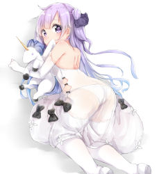 Rule 34 | 1girl, all fours, ass, azur lane, back, bare shoulders, black bow, blue hair, bow, breasts, elbow gloves, from behind, gloves, gradient hair, highres, long hair, looking at viewer, looking back, multicolored hair, nosetissue, one side up, panties, purple eyes, purple hair, see-through, shoes, simple background, small breasts, solo, stuffed toy, thighhighs, underwear, unicorn (azur lane), white background, white footwear, white gloves, white panties, white theme, white thighhighs
