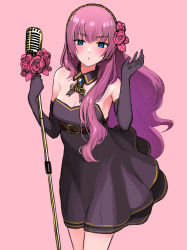 Rule 34 | 1girl, absurdres, belt, black dress, black gloves, blue eyes, blush, brooch, commentary, cowboy shot, detached collar, dress, elbow gloves, flower, gloves, hands up, highres, holding, holding microphone stand, jewelry, long hair, looking at viewer, megurine luka, microphone, microphone stand, nishikino kee, pink background, pink flower, pink hair, pink rose, rose, simple background, sleeveless, sleeveless dress, solo, standing, strapless, strapless dress, very long hair, vocaloid