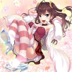 Rule 34 | 10s, 1girl, :d, ahoge, bad id, bad twitter id, bare shoulders, blue eyes, blush, brown hair, convenient leg, detached sleeves, dress, earrings, feet, flower, full body, fur trim, garter straps, glass slipper, hi-ho-, high heels, ichinose shiki, idolmaster, idolmaster cinderella girls, jewelry, lab coat, long hair, off shoulder, open mouth, pink theme, shiny clothes, shoe dangle, sleeves past wrists, smile, solo, strapless, strapless dress, striped clothes, striped thighhighs, thighhighs, twintails, two side up