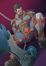 Rule 34 | 2boys, animal collar, armored boots, artist name, bara, beard, black hair, blue pants, boots, bound, bound ankles, bound arms, bound legs, chain, collar, dark-skinned male, dark skin, evinist, facial hair, facial scar, grey jacket, highres, hood, hood down, hooded jacket, jacket, large pectorals, male focus, multiple boys, muscular, muscular male, overwatch, overwatch 1, pants, pectorals, reaper (overwatch), restrained, scar, scar on cheek, scar on face, short hair, soldier: 76 (overwatch), solo focus, tongue, tongue out, yaoi
