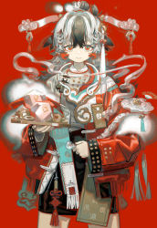 Rule 34 | 1girl, arknights, black hair, buttons, clamps, coat, coin, coin on string, collar, hair ornament, long hair, looking at viewer, multicolored hair, norizc, red background, red eyes, snowsant (arknights), white hair