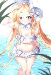 Rule 34 | 1girl, abigail williams (fate), abigail williams (swimsuit foreigner) (fate), abigail williams (swimsuit foreigner) (third ascension) (fate), absurdres, arm up, bare shoulders, bikini, blonde hair, blue eyes, blush, bonnet, bow, breasts, fate/grand order, fate (series), forehead, hair bow, highres, long hair, looking at viewer, miniskirt, navel, open mouth, parted bangs, sidelocks, skirt, small breasts, swimsuit, thighs, ttopang, twintails, very long hair, water, white bikini, white bow, white headwear