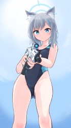 Rule 34 | 1girl, absurdres, animal ear fluff, animal ears, assault rifle, black one-piece swimsuit, blue archive, blue background, blue eyes, competition swimsuit, cross hair ornament, extra ears, feet out of frame, gluteal fold, gradient background, grey hair, gun, hair ornament, halo, highres, looking at viewer, medium hair, mismatched pupils, multicolored clothes, multicolored swimsuit, one-piece swimsuit, paskmel, shiroko (blue archive), shiroko (swimsuit) (blue archive), sig sauer 556, solo, standing, swimsuit, weapon