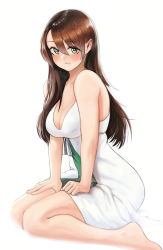 Rule 34 | 1girl, agent aika, aika (series), alternate costume, azelweien, bad id, bad pixiv id, bare shoulders, black delmo, blush, breasts, brown eyes, cleavage, collarbone, commentary, dress, english commentary, highres, long hair, looking at viewer, medium breasts, naomi (agent aika), seiza, simple background, sitting, smile, solo, traditional media, white background, white dress