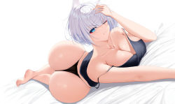 Rule 34 | 1girl, animal ears, ass, azur lane, bare shoulders, barefoot, blue eyes, breasts, cleavage, collarbone, fox ears, hand in own hair, highres, huge ass, kaga (azur lane), large breasts, looking at viewer, lying, on bed, on stomach, one eye closed, panties, short hair, solo, underwear, white hair, xi ying