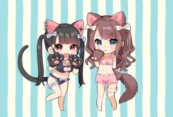 Rule 34 | 2girls, :&lt;, :3, :d, animal ears, animal hands, aqua eyes, arm behind back, bell, black hair, black panties, blue background, blush, bow, breasts, brown eyes, brown hair, cat ears, cat lingerie, cat tail, chibi, commentary request, fang, full body, gloves, hair bow, large breasts, looking at viewer, meme attire, mole, mole under eye, multiple girls, navel, neck bell, open mouth, original, panties, paw gloves, paw pose, pico (p i c o), skin fang, smile, standing, standing on one leg, striped, striped background, tail, thigh scrunchie, twintails, underwear, white background