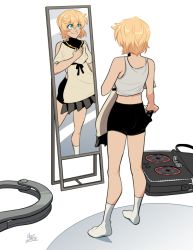 Rule 34 | 1boy, bike shorts, blonde hair, bridget (guilty gear), crop top, green eyes, guilty gear, guilty gear strive, holding, holding clothes, looking at mirror, male focus, mirror, mx. moz, reflection, simple background, skirt, smile, socks, solo, standing, tank top, trap, trying on clothes, unworn clothes, weapon case