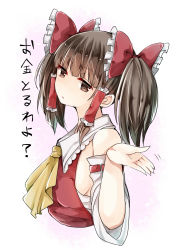 Rule 34 | 1girl, alternate hairstyle, ascot, bow, breasts, brown eyes, brown hair, detached sleeves, expressionless, hair bow, hakurei reimu, highres, mimoto (aszxdfcv), ribbon-trimmed sleeves, ribbon trim, sideboob, touhou, translation request, twintails