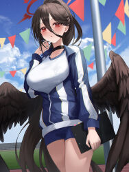 Rule 34 | 1girl, adjusting hair, black hair, black wings, blue archive, blue sky, clipboard, cloud, cloudy sky, commentary request, feathered wings, flag, gym shirt, gym shorts, gym uniform, hair between eyes, halo, hasumi (blue archive), hasumi (track) (blue archive), heeri, highres, holding, holding clipboard, jacket, large wings, long bangs, long hair, long sleeves, looking at viewer, mole, mole under eye, multicolored clothes, multicolored jacket, official alternate costume, official alternate hairstyle, outdoors, parted lips, ponytail, red eyes, shirt, short shorts, shorts, sidelocks, sky, solo, stadium, track jacket, two-tone jacket, white shirt, wings