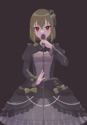 Rule 34 | 1girl, black dress, cleavage cutout, clothing cutout, covered mouth, dark background, dress, frilled dress, frilled sleeves, frills, green hair, holding, holding microphone, idol, idolmaster, idolmaster million live!, ktmtry, long sleeves, looking at viewer, microphone, microphone stand, music, nagayoshi subaru, puffy long sleeves, puffy sleeves, red eyes, simple background, singing, solo