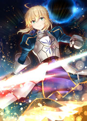 Rule 34 | 1girl, ahoge, armor, armored dress, artoria pendragon (all), artoria pendragon (fate), blonde hair, blue dress, braid, breastplate, closed mouth, commentary request, dress, eclipse, excalibur (fate/stay night), fate/grand order, fate/stay night, fate (series), faulds, floating hair, french braid, gabiran, gauntlets, glowing, glowing sword, glowing weapon, green eyes, hair between eyes, hair bun, hand up, holding, holding sword, holding weapon, juliet sleeves, light particles, long dress, long sleeves, looking at viewer, puffy sleeves, saber (fate), serious, short hair, sidelocks, single hair bun, solo, standing, sword, weapon, wind