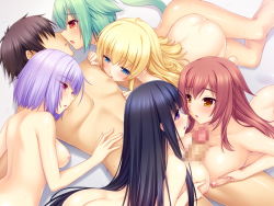 Rule 34 | 1boy, 5girls, :d, :o, ass, back, bed sheet, black hair, blonde hair, blue eyes, blunt bangs, blush, breasts, breasts squeezed together, brown hair, cat tail, censored, clenched hands, collarbone, cooperative paizuri, creampie (company), dimples of venus, dutch angle, erection, everyone, eye contact, eyes visible through hair, faceless, faceless male, from above, game cg, girl sandwich, green hair, hair between eyes, hair flaps, hair over eyes, half-closed eyes, hand on another&#039;s shoulder, hand on another&#039;s stomach, harem, hetero, hirayama alice, imminent kiss, indoors, kete-chan, large breasts, legs, light purple hair, long hair, looking at another, lying, medium breasts, midorikami inaho, miyasu yumeko, mosaic censoring, motosaka maya, multiple girls, nagata ryuusuke, nipples, nude, on back, on bed, on side, on stomach, open mouth, outstretched arm, paizuri, parted bangs, parted lips, penis, pink eyes, profile, puffy nipples, purple eyes, raised eyebrows, red eyes, root harem!, sandwiched, sayori (neko works), shadow, shiny skin, short hair, sideboob, sidelocks, smile, star-shaped pupils, star (symbol), straight hair, sweat, symbol-shaped pupils, tail, teamwork, thighs, top-down bottom-up, very long hair, yellow eyes