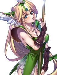 Rule 34 | 1girl, blonde hair, blue eyes, breasts, collarbone, detached sleeves, covered erect nipples, highres, medium breasts, okita ababa, parted lips, polearm, riesz, seiken densetsu, seiken densetsu 3, solo, spear, weapon