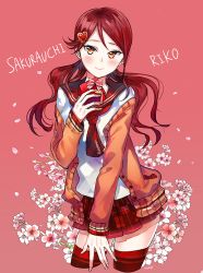 Rule 34 | 1girl, artist name, blush, bow, box, cardigan, character name, clothes writing, contrapposto, cropped legs, dress, floral background, flower, gift, gift box, hair ornament, heart, heart hair ornament, holding, holding gift, hyugo, long hair, long sleeves, looking at viewer, love live!, love live! school idol festival, love live! sunshine!!, low twintails, miniskirt, neckerchief, open cardigan, open clothes, orange eyes, petals, pink background, pink bow, pink flower, plaid, plaid skirt, pleated skirt, red dress, red hair, red neckerchief, red sailor collar, red thighhighs, sailor collar, sakurauchi riko, school uniform, serafuku, shirt, skirt, solo, standing, thighhighs, tsurime, twintails, unbuttoned, white shirt, zettai ryouiki