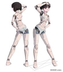 Rule 34 | 1girl, absurdres, android, armpits, black hair, blunt bangs, commentary request, full body, hand on own hip, highres, joints, leaning to the side, legs, light smile, looking at viewer, multiple views, nude, original, red eyes, robot, robot joints, smile, sukabu, twintails, v