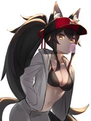 Rule 34 | 1girl, absurdres, animal ears, bikini, bikini under clothes, black bikini, black hair, breasts, chewing gum, cleavage, hair between eyes, hair ribbon, hands in pockets, hat, highres, hololive, hood, hoodie, looking at viewer, medium breasts, multicolored hair, ookami mio, open clothes, open hoodie, peaked cap, ponytail, red hair, ribbon, sidelocks, simple background, solo, swimsuit, tail, two-tone hair, virtual youtuber, white background, white hoodie, wolf ears, wolf girl, wolf tail, yamabuki7979, yellow eyes